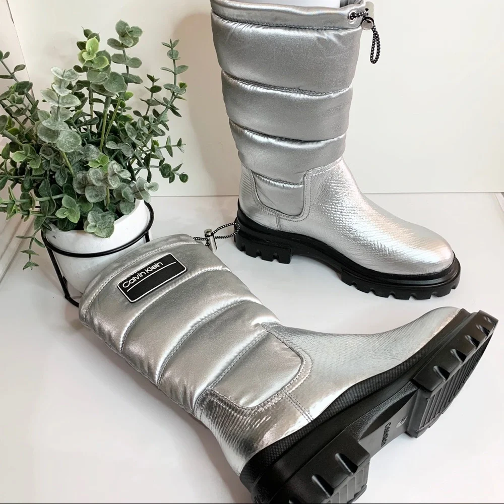 Calvin Klein Leaton Metallic Puffy Bomber Boots Winter Shoes Water Resistant